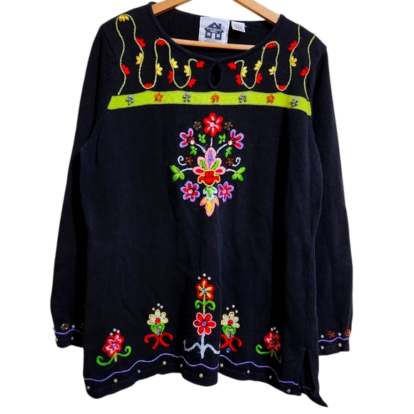 Storybook Knits sweater QVC  black colorful embroidery beads keyhole neckline XL - Picture 1 of 11